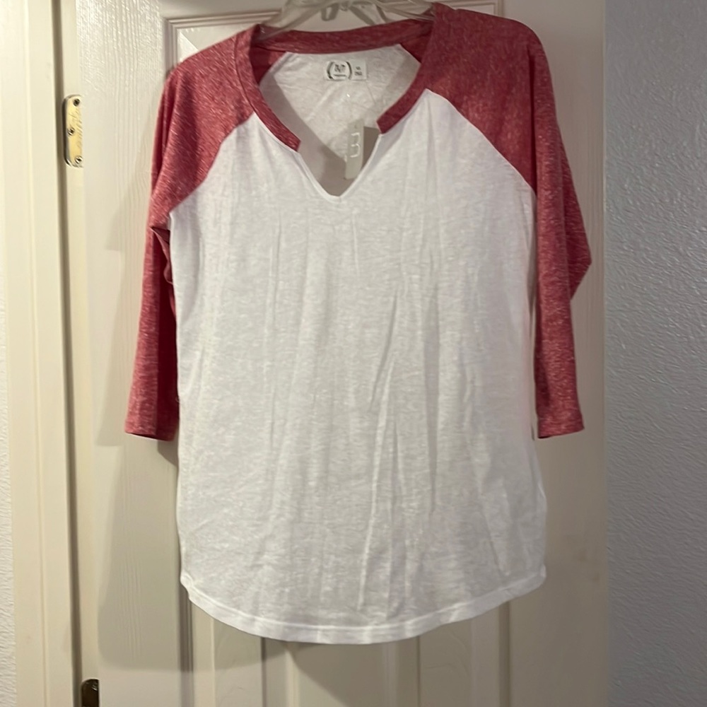 Maurices XS shirt never worn with tag. White with maroon sleeves.